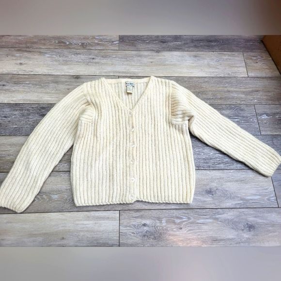 Vintage LL Bean Sweater Women Cardigan Vneck Button Mohair Wool Blend Ivory - Picture 3 of 11